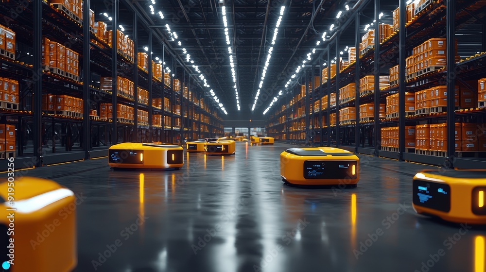 Poster autonomous robots sorting and organizing cargo in a futuristic port warehouse