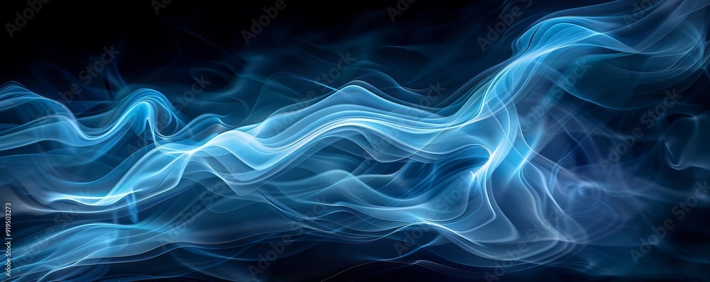 Poster abstract blue smoke on a dark background, creating mesmerizing and dynamic flowing shapes. suitable 