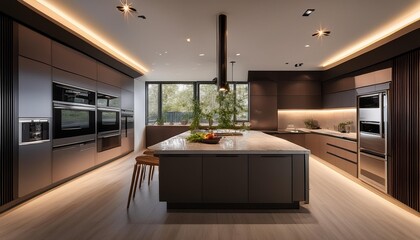 sleek modern kitchen with a central island featuring clean lines smart appliances and a harmonious blend of materials soft ambient lighting creates a warm inviting atmosphere