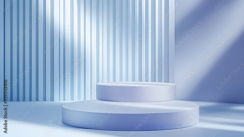 Poster minimal geometric podium platform for product display in blue gradient studio setting