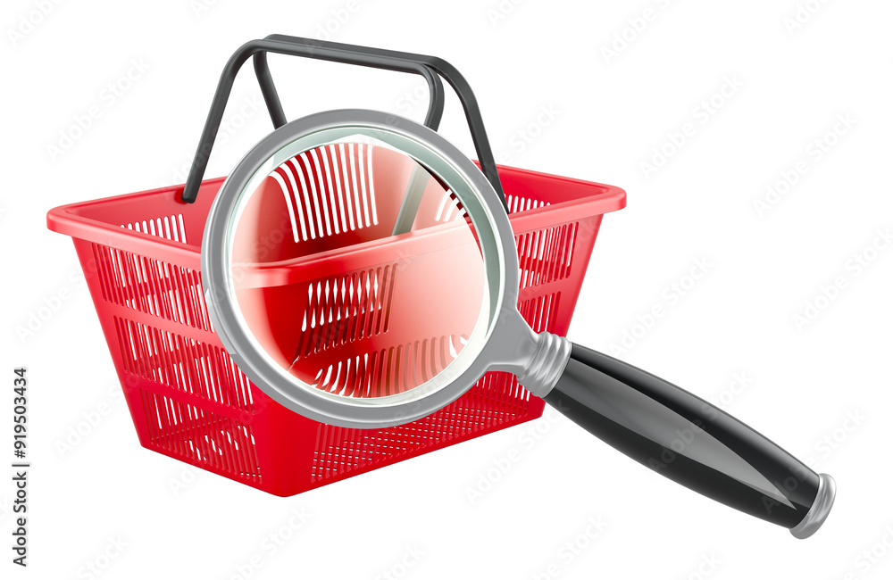 Poster shopping basket with loupe. product search, concept. 3d rendering isolated on transparent background