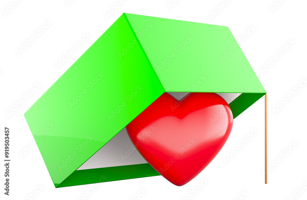 Poster trap with red heart inside, 3d rendering isolated on transparent background