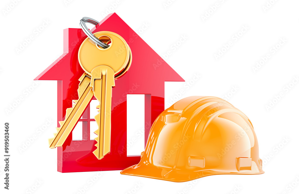 Poster construction hard hat and home key with keychain, 3d rendering isolated on transparent background