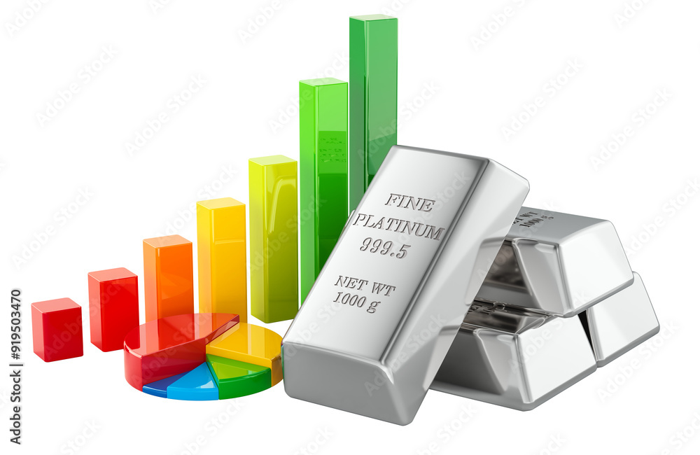 Aufkleber platinum ingots with growth bar graph and pie chart, 3d rendering isolated on transparent background