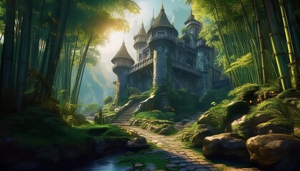 Belo castelo de pedra de fantasia aconchegante em uma Floresta de bambu ao lado de um caminho de pedras e um riacho balbuciante.
