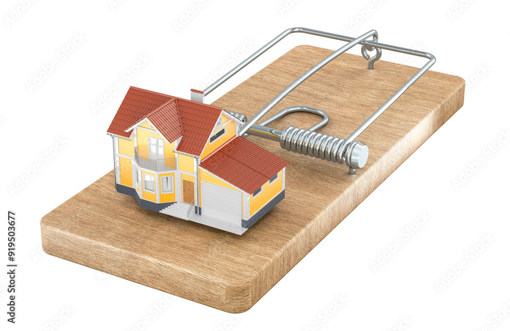 Poster home inside mousetrap, 3d rendering isolated on transparent background