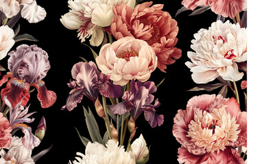 Seamless vector pattern with peony and iris flowers isolated on a changeable black background. © Anna