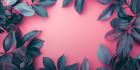 A striking composition featuring a bright pink background framed by an arrangement of green leaves, vibrant and dynamic.