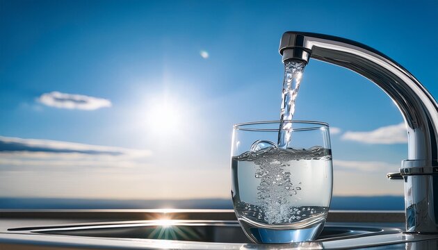 Kristallklares Wasser l&auml;uft spudelnd in ein Wasserglas aus dem Wasserhahn; im Hintergrund ist Natur und die Sonne