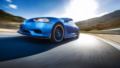 sleek sports car cornering at high speed motion blur dramatic low angle reflective blue paint catching light