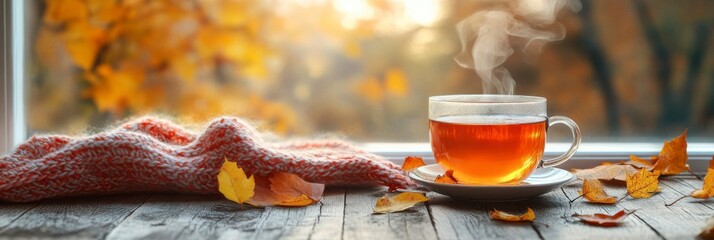 Cozy Autumn Morning with a Steaming Cup of Tea and Fall Leaves by the Window