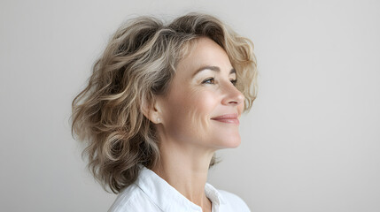 Woman in her 40s in a white shirt with skin lines and wrinkles facing right, away from camera, plain, light grey background 