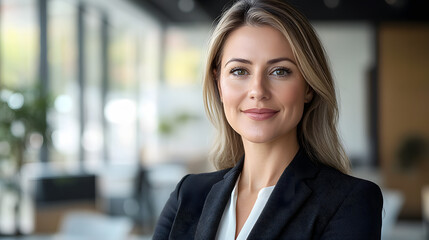 Fototapeta premium Female in her 40s with highlights in a white shirt, posing in her office in grey suit