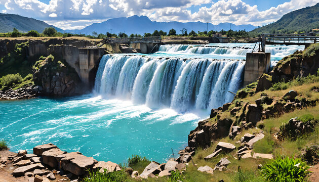 Cascade majestueuse et barrage surplomb&eacute; par des montagnes
