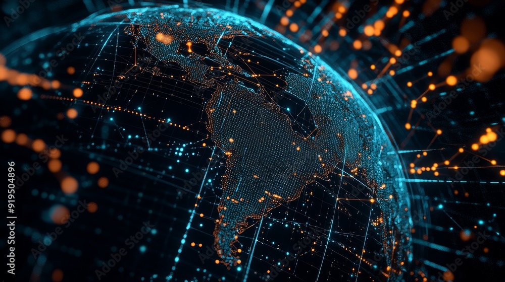 Wall mural the surface of the earth with lines and circles connecting it to the future with technology. the int