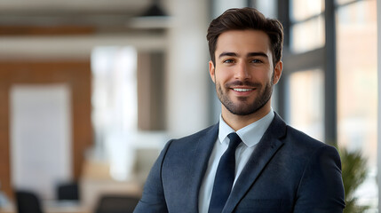 Man in his 30s wearing a business suit posing in the bright office with windows 