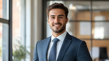 Fototapeta premium Man in his 30s wearing a business suit posing in the bright office with windows 