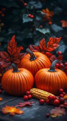 Autumn Harvest Scene with Pumpkins, Corn, and Berries on a Wooden Table