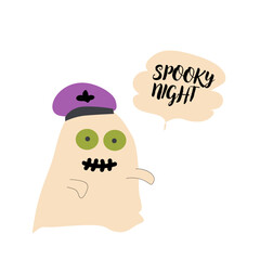 Cute halloweens ghost zombie. Childrens character with funny face and speech bubble boo or spooky night.