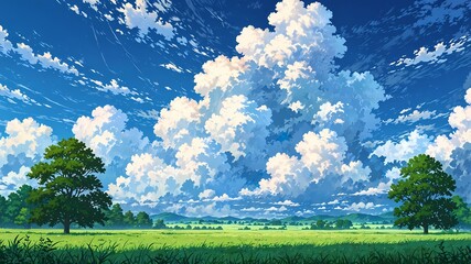 Fototapeta premium Mesmerizing Anime Landscape of Tranquil Countryside with Fluffy Clouds