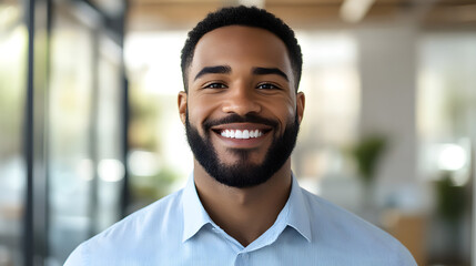 African American male in his 30s in business attire in office with windows 