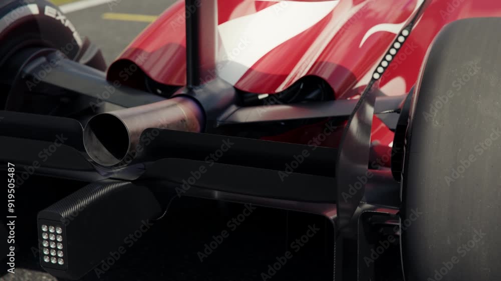 Poster close-up of the rear and tail wing of a generic formula one race car. 3d animation rendering