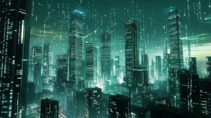 Background created with Stock technology of green smart futuristic city.