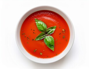 Tomato soup in a white bowl isolated on a white background. Gazpacho soup with herbs. Top view. Copy space.
