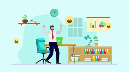 Animated video Office workers joy at work. Career, business achievement concept. Full length animation illustration. High quality 4k footage.	
