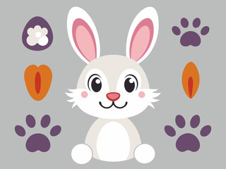 Cartoon bunny elements. Cute bunny footprint trail, paws, ears and faces. Funny bunnies head and muzzle. Decorative element for Easter. Printable stickers scrapbooking. Vector set
