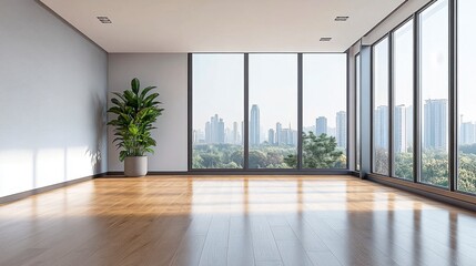 Fototapeta premium Empty bright room with wooden floor, minimalist interior with plant and sunlight from the large window.
