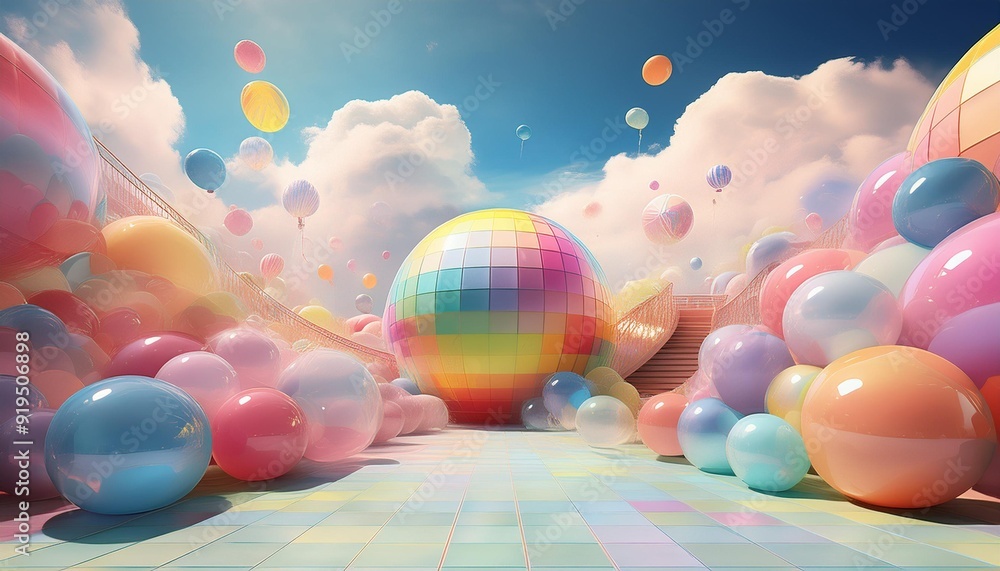 Wall mural whimsical playground filled with oversized translucent rainbowcolored balls of varying sizes floatin