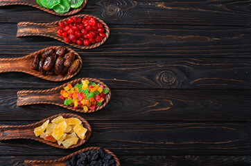 Group of dried and candied fruit in bowl