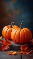 Rustic Autumn Scene with Pumpkins and Maple Leaves on Wooden Surface - Perfect Fall Harvest Decor