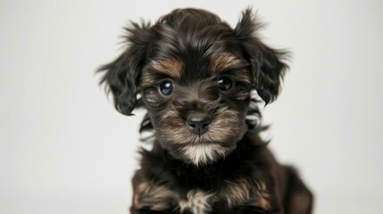 3 week old Lowchen or Petit Chien Lion puppy posing against a white backdrop