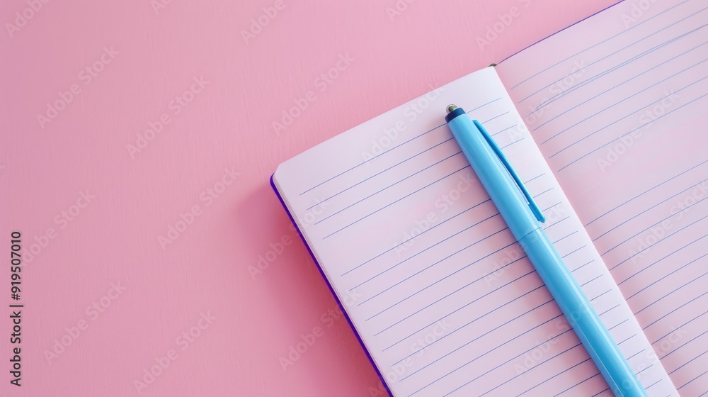Poster a notebook view from above with a blue pen on pink surface space for text close up for design
