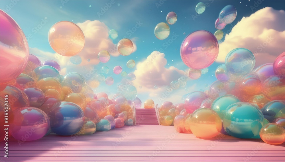 Sticker whimsical playground filled with oversized translucent rainbowcolored balls of varying sizes floatin