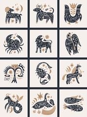 Boho cute zodiac signs, horoscope cartoon icons set. Astrology cartoon animalistic characters symbols, space celestial ornate constellations. Twelve astrological hand-drawn avatars. Aries, Taurus