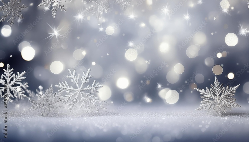 Sticker white christmas abstract bokeh background with snowflake and silver glittering bokeh stars. festive 