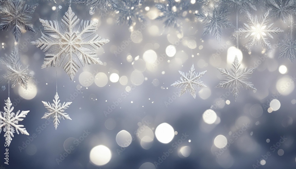 Sticker white christmas abstract bokeh background with snowflake and silver glittering bokeh stars. festive 