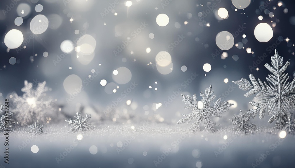 Sticker white christmas abstract bokeh background with snowflake and silver glittering bokeh stars. festive 
