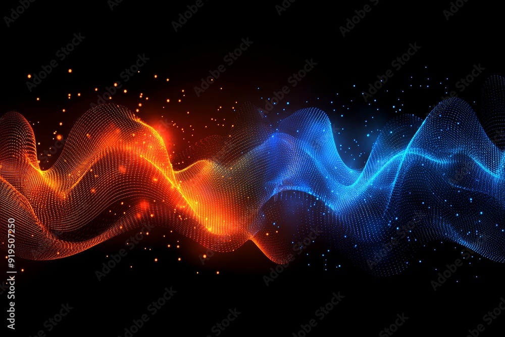 Poster a high-tech and big data background with waves and dots. abstract wave motion and particles.