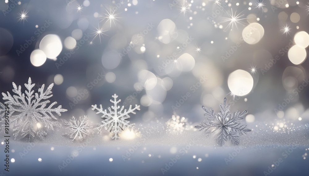 Sticker white christmas abstract bokeh background with snowflake and silver glittering bokeh stars. festive 