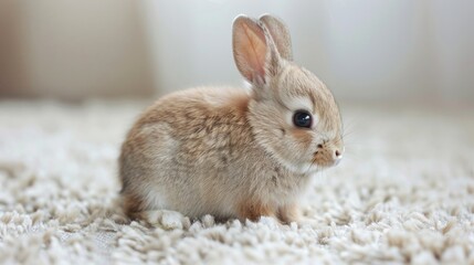 Adorable infant rabbit with bright eyes sitting on a white carpet