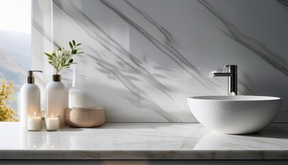 Fototapeta premium white marble bathroom vanity blurred luxurious interior background soft ambient lighting sleek modern fixtures minimalist elegance spalike atmosphere
