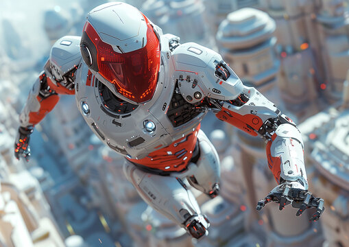 Cyborg engaging in a high-speed chase through a futuristic city, leaping from rooftop to rooftop, his mechanical legs and arms propelling him forward with incredible agility
