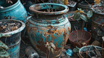 Fototapeta premium Aged garden container on pile of synthetic materials