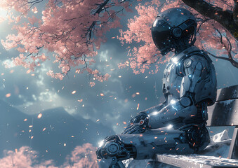 Cyborg sits on a bench in a cherry blossom park, reflecting on his human memories