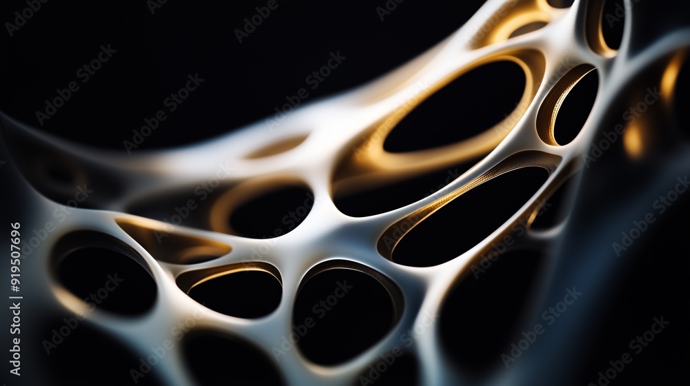 Poster intricate organic patterns of golden and silver structures illuminated in a darkened environment sho