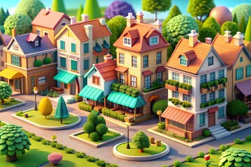 Summer suburban landscape with house in row on street with green grass on yards, road and driveway. Cartoon vector illustration of town scenery with neighborhood cottages and blue sky with clouds.